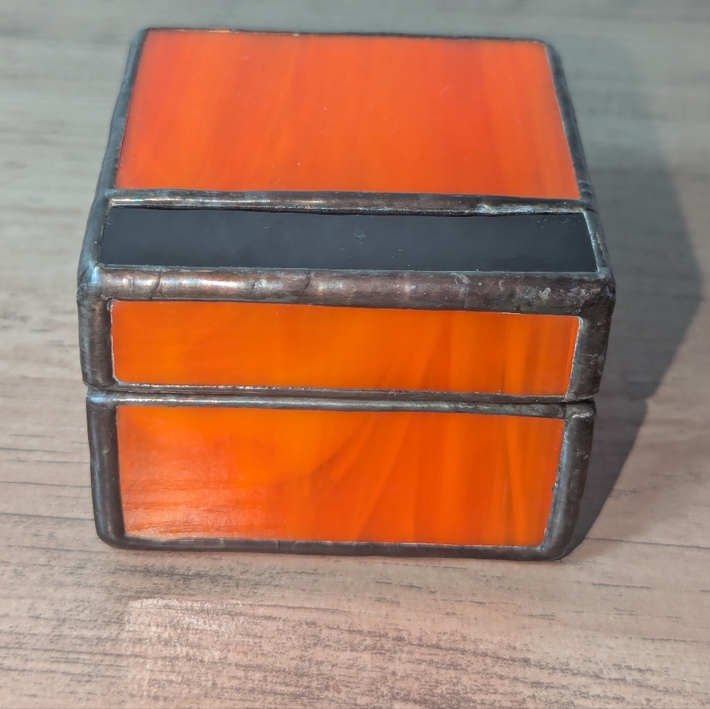Vintage Amber Slag Glass Trinket Box 3x2.5 Stained Glass Jewelry Box